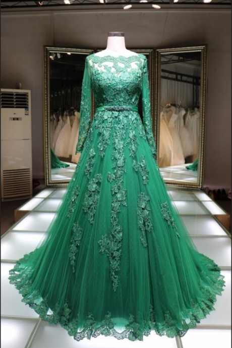 Sexy Green Lace Prom Dress,Lace Long Sleeve Prom Dresses ,Long Formal Evening Gowns For Women,Sexy Party Dress
