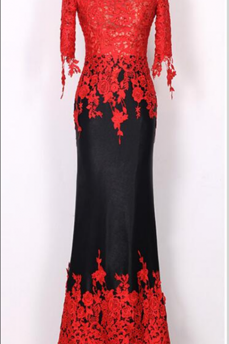 Off The Shoulder Sexy Half Sleeve Evening Party Dresses Black Satin Prom Dress With Red Lace Floor Length Women Formal Dress