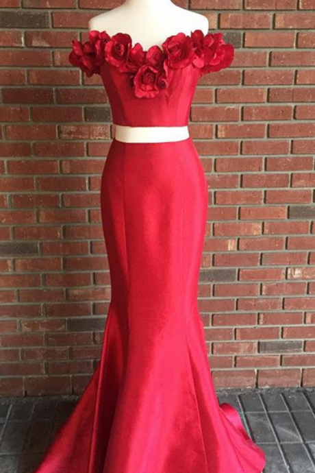 Prom Dress, Two Piece Prom Dress, Red Prom Dress, Mermaid Long Prom Dress, Off The Shoulder Prom Dress