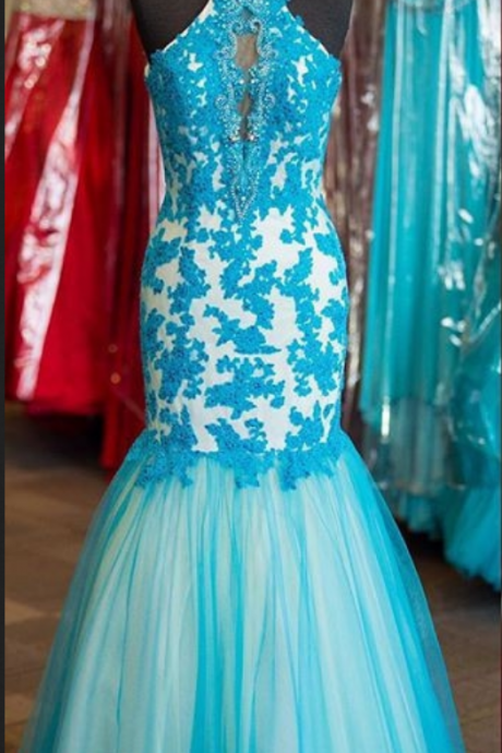 Tulle Halter Evening Dress Sleeveless Floor-length Backless Applique Mermaid Evening Dress
