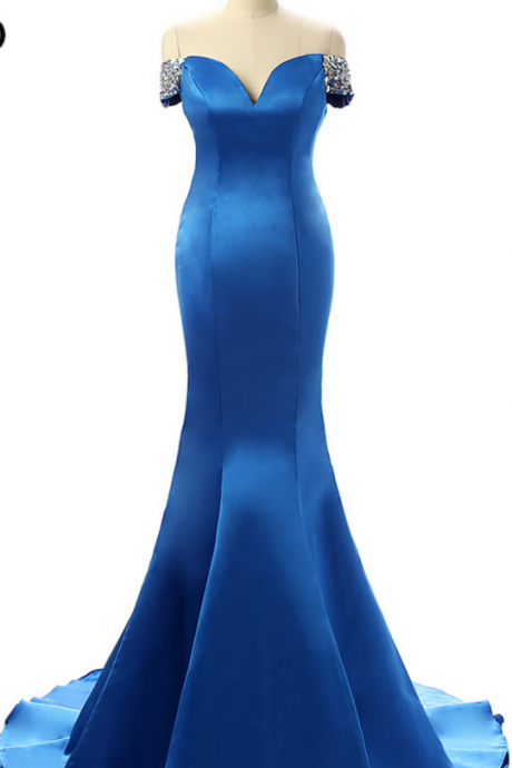 Mermaid Blue Long Evening Dress Elegant Robe De Soiree Off The Shoulder Short Sleeves Long Prom Dresses