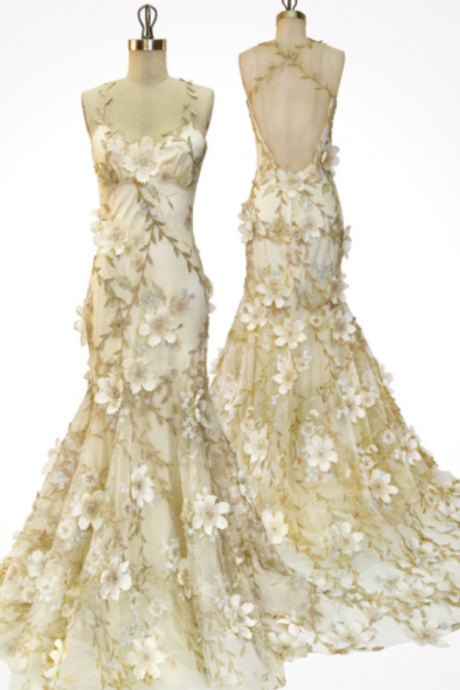 Floral Prom Dress,backless Prom Dress,mermaid Prom Dress,fashion Prom Dress,sexy Party Dress, Style Evening Dress