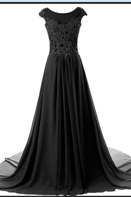 Cap Sleeves Long Chiffon Appliqued Evening Gown Prom Dresses