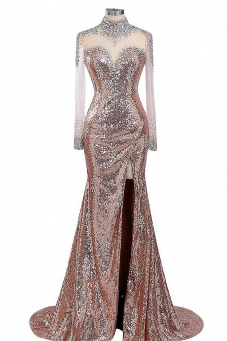 Women's Champagne Sequins Prom Dress Long Sleeves, Evening Dress,party Dress
