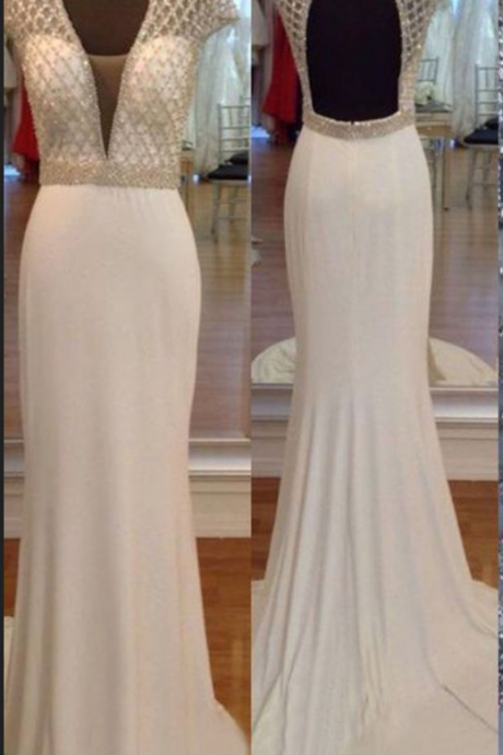 Beaded Prom Dress,backless Prom Dress,white Prom Dress,fashion Prom Dress,sexy Party Dress, Style Evening Dress