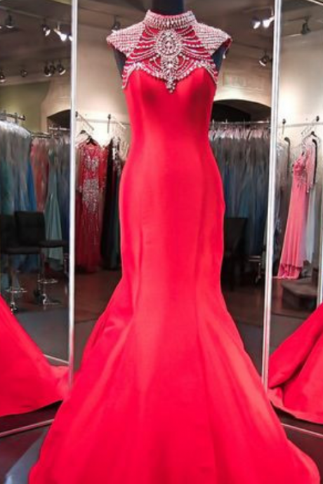 Red Prom Dress,mermaid Prom Dress,beaded Prom Dress,fashion Prom Dress,sexy Party Dress, Style Evening Dress