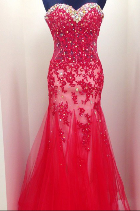 Red Beading Appliques Mermaid Tulle Prom Dresses Prom Gowns,prom Dresses , Prom Dresses, Long Prom Dress