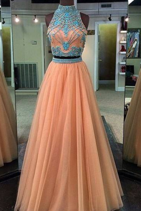Halter Coral Prom Dresses,two Piece Prom Dress