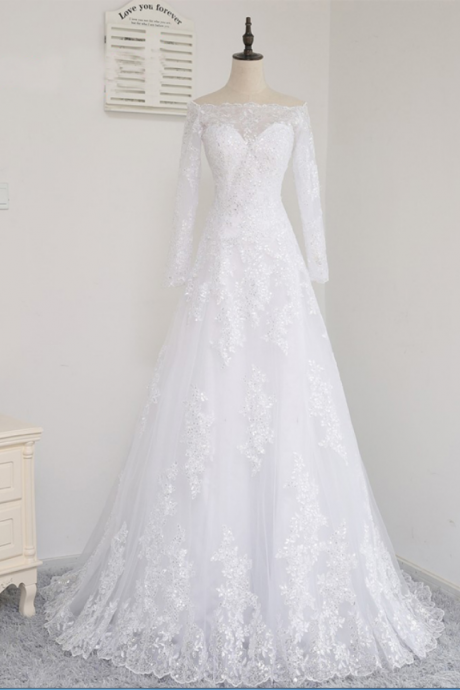 Long Wedding Dress, Lace Wedding Dress, Off Shoulder Wedding Dress, Long Sleeve Bridal Dress, Charming Wedding Dress, Applique and Sequin Wedding Dress,