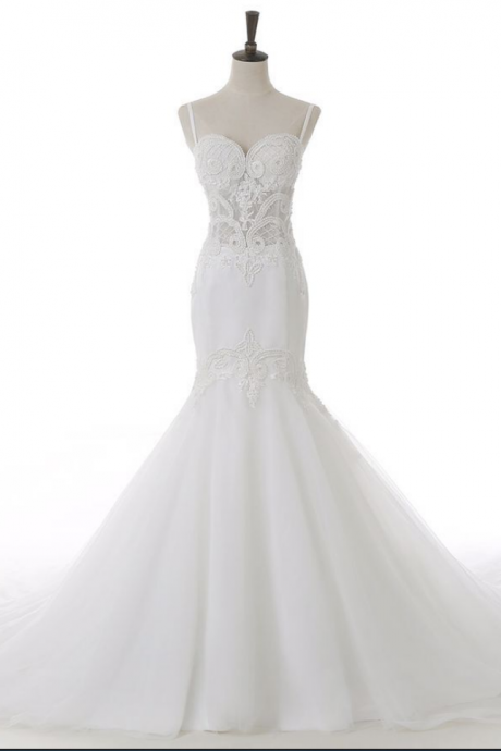 Spaghetti Strap Sweetheart Illusion Beaded Lace Mermaid Wedding Dress Featuring Lace-up Back And Long Train