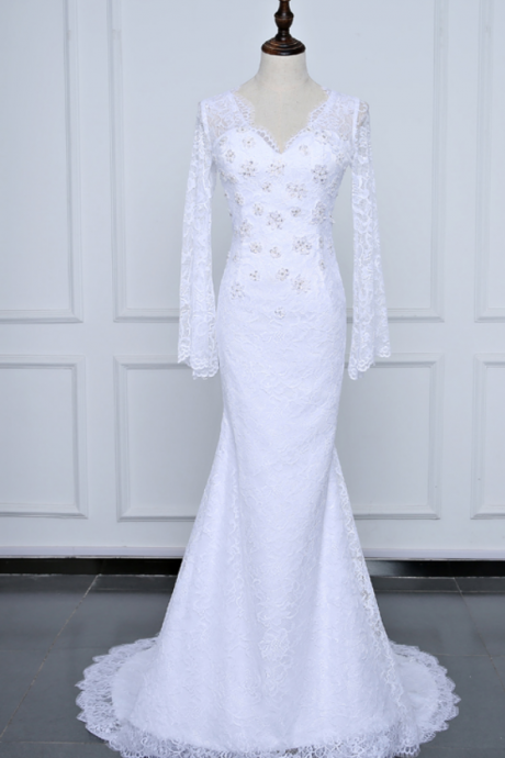 Long Sleeve Lace Wedding Dresses , Fashion summer Beach Gown Sexy Backless Bridal Dresses