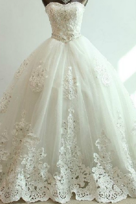 Long Ball Gown Lace Bridal Wedding Dresses Formal Chapel Length Beading Applique