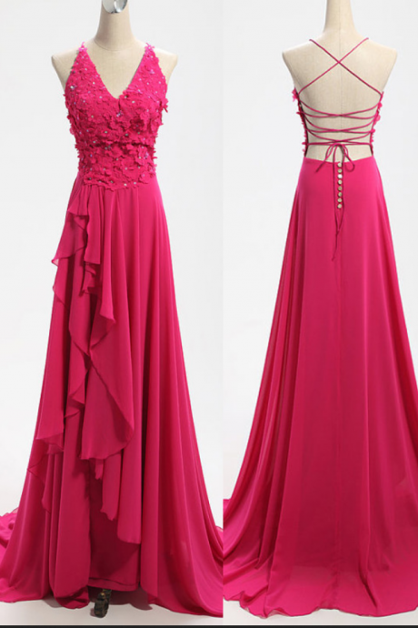Sexy V-neck Prom Dress,backless Evening Dress,elegant A-line Evening Dress,chiffon Appliques Evening Dress