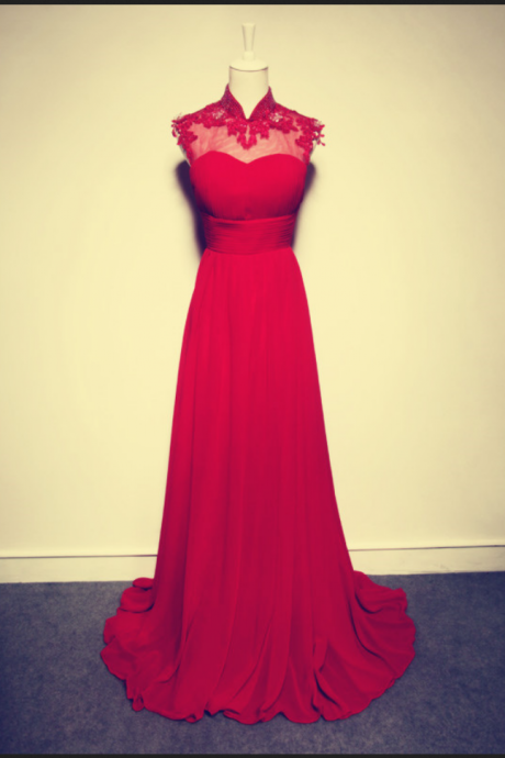 Custom Made High Neck Red Evening Dress,appliques Evening Dress,a-line Beading Evening Dress