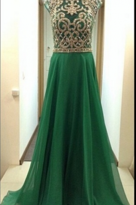 High Neck Prom Dress , Beading Prom Gowns, Long Evening Dresses,sleeveless Formal Party Dress,embroidery Formal Dress,green Chiffon Dress Elegant