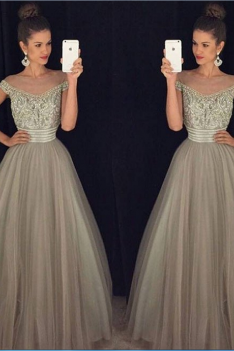 Charming Off Shoulder Grey Tulle Prom Dress,a Line Evening Dress, Beaded Prom Dresses