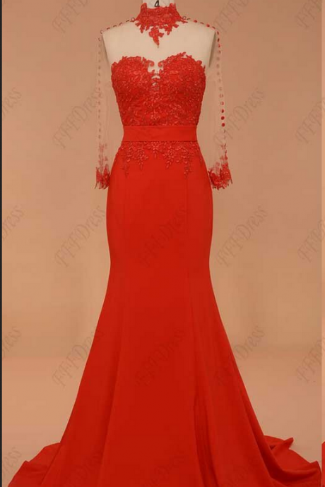 Backless Mermaid Red Prom Dress Long Sleeves