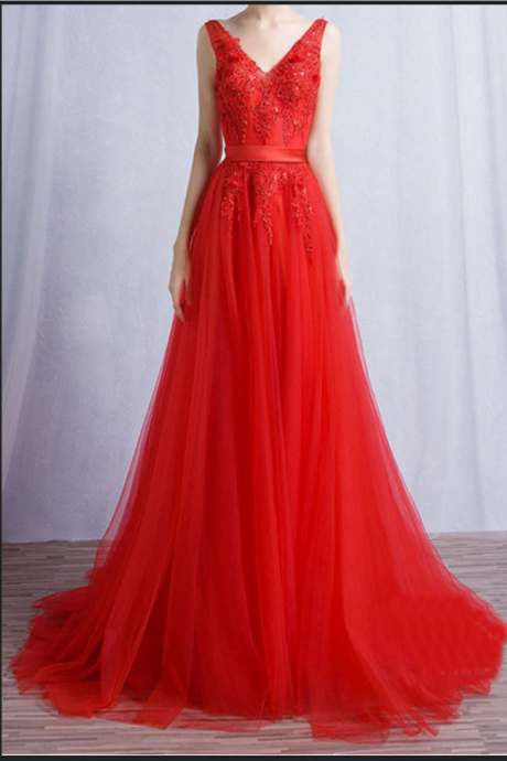 Red A Line Evening Dress,backless Charming Tulle Prom Dresses,formal Gown,high Quality Graduation Dresses