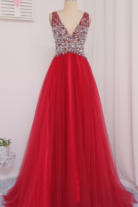 Red A-line V-neck Floor-length Beaded Crystal Prom Dresses Vestido De Festa Evening Gowns
