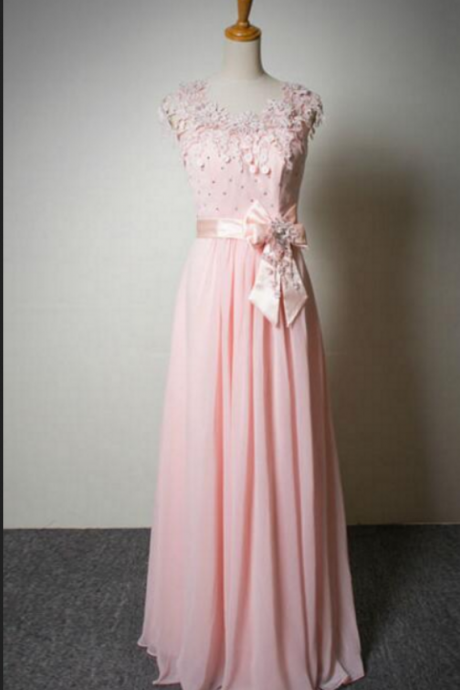 Pink Lace Chffion Long Prom Dress With Sleeves Floor Length Bridesmaid Dress Beautiful Evening Dresses