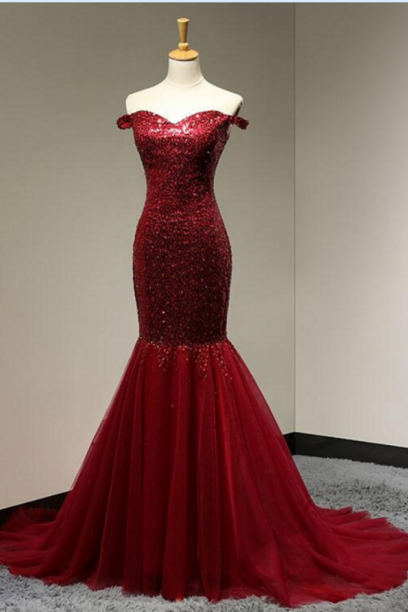 Off The Shoulder Sweetheart Dark Red Prom Dress Beading Sequined Tulle Mermaid Party Dress