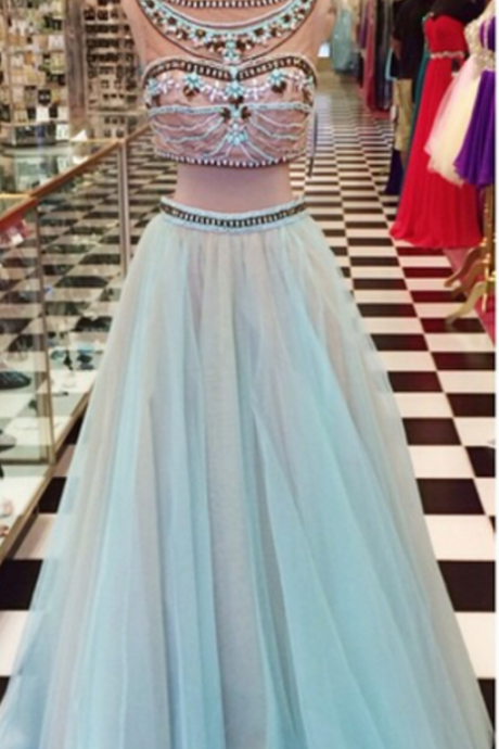  Two Pieces Tulle Prom Dresses Crew Neck Beading Crystals Evening Dresses Party Gowns Vestidos