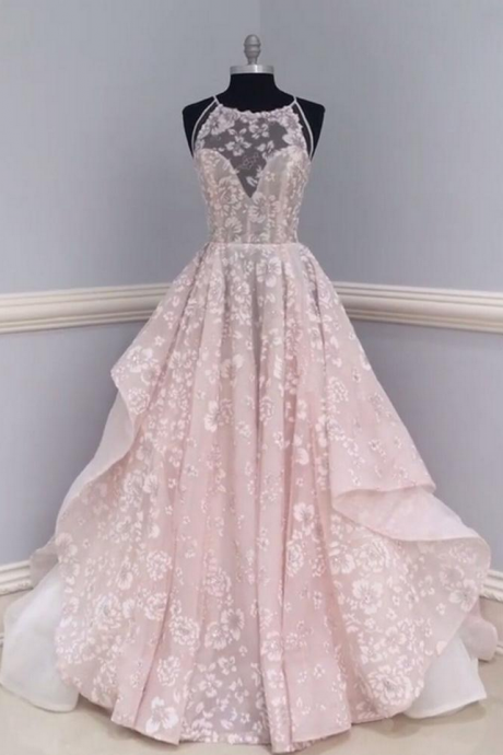 Pretty Round Neck Lace Long Prom Dress, Wedding Dress