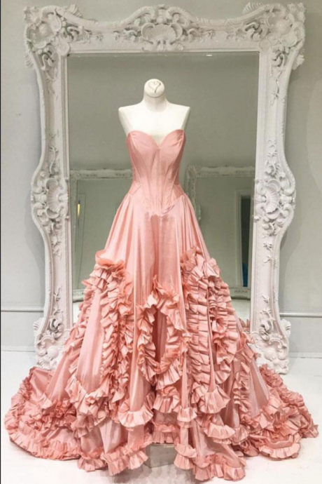 Unique Pink Satin Long Prom Dress, Pink Evening Dress