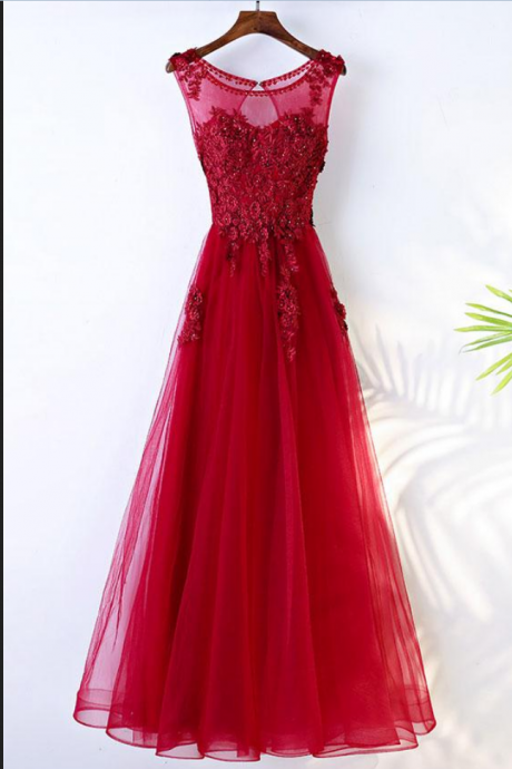 Burgundy Round Neck Tulle Lace Long Prom Dress Evening Dress