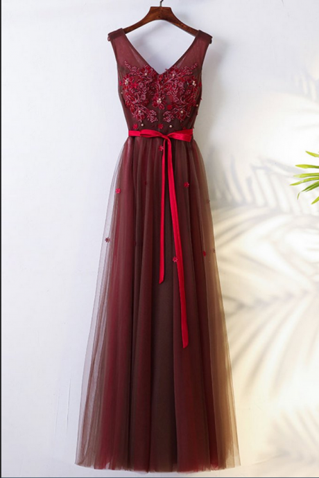 Burgundy V Neck Lace Tulle Long Prom Dress Bridesmaid Dress