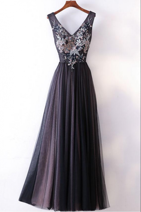 Black V Neck Tulle Applique Long Prom Dress, Black Evening Dress