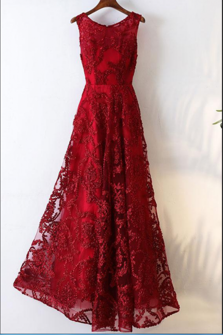 Burgundy Round Neck Lace Long Prom Dress, Burgundy Evening Dress