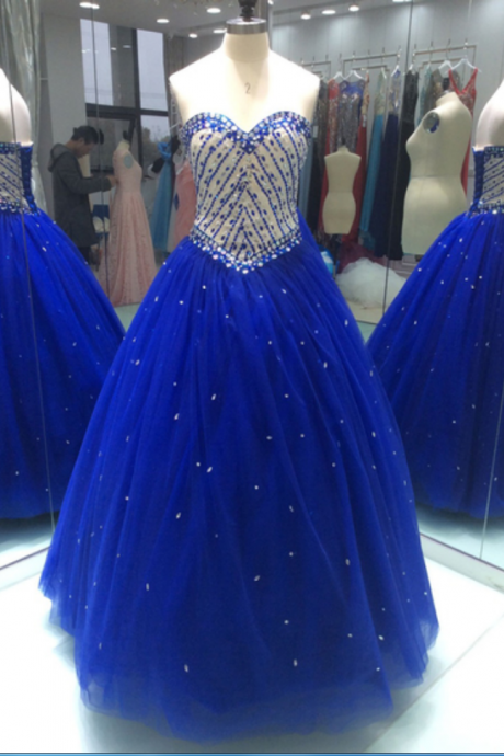 Unique Sweetheart Royal Blue Tulle Long Beaded Senior Prom Gown, Evening Dress