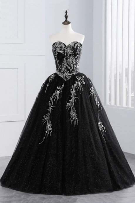 Princess Black Tulle Long Prom Gown, Strapless Long A-line Evening Dress