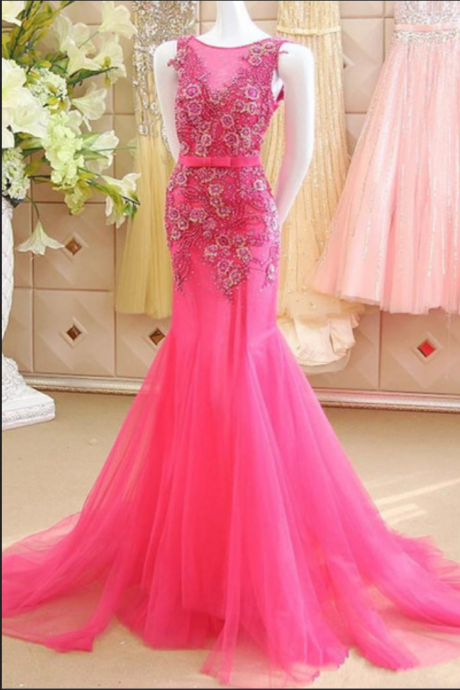 Pink Long Mermaid Halter Formal Prom Dress, Tulle Bowknot Evening Dress