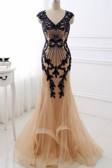 Champagne V Neck Lace Applique Mermaid Long Prom Dress