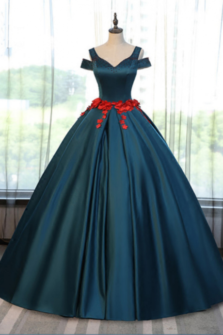 Simple Deep Green Floral Prom Gown Off Shoulder Halter Evening Gown