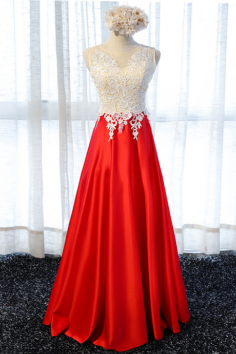 Red Satin Long Lace Appliqués Prom Dress With Beading