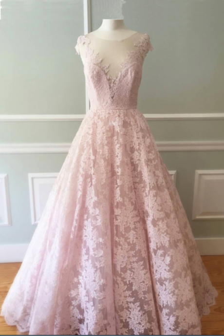 Unique Blush Pink Lace Long Senior Prom Dress Evening Dress