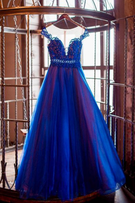 Blue Round Neck Tulle Long Prom Dress, Blue Evening Dress