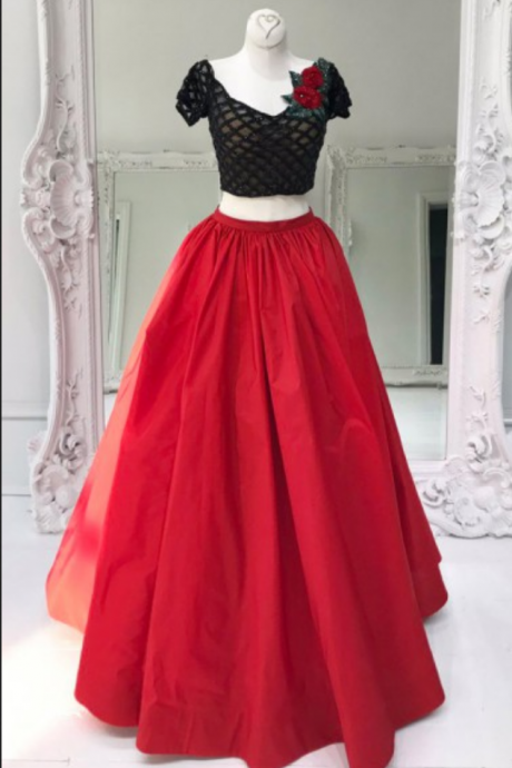 Two Piece V-neck Floor-length Short Sleeves Red Organza Prom Dress With Flowers