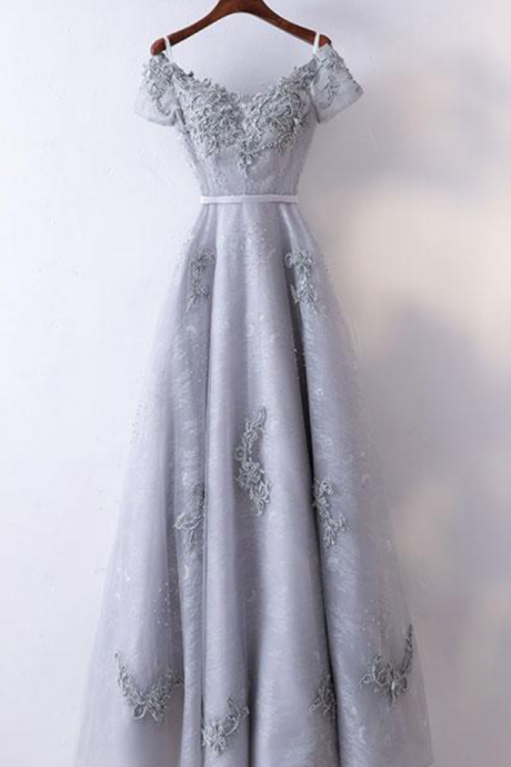 Simple Gray A-line V Neck Applique Tulle Long Prom Dress Lace Evening Dress
