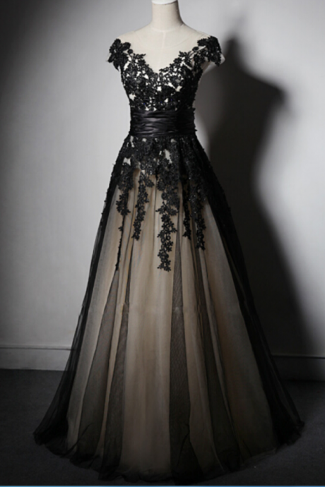 Beautiful Black Handmade Long Lace Applique Lace Up Black Prom Dresses , Black Party Dresses, Evening Dresses