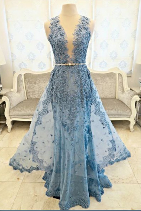 Light Blue Lace V-neck A-line Long Prom Dresses , Evening Dresses