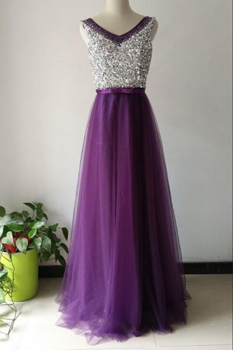 Luxury Purple Tulle A-line Sequins V-neck Long Prom Dresses,evening Dresses For Teens