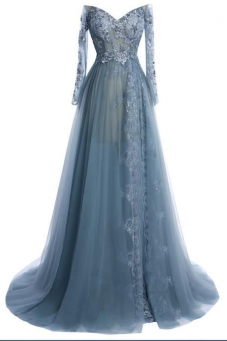 Floor Length Tulle A-line Prom Dress Featuring Lace Appliqués Long Sleeve Plunge V Bodice
