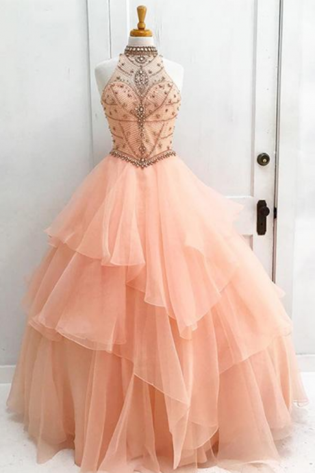  ORANGE SWEET Ball Gown Round Neck Beading TULLE LONG PROM GOWN 