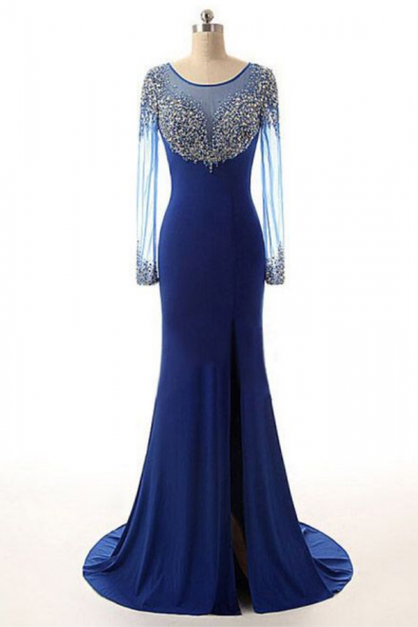 Mermaid Prom Dresses Royal Blue, Prom Dresses Long Sleeve, Scoop Neck Chiffon Tulle Sweep Train Beading Long Prom Dresses