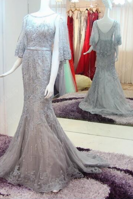 Customized Spring and Summer Elegant Mermaid Gray Ball Dresses Decal Lace Beads Ladies Evening Dresses Party
