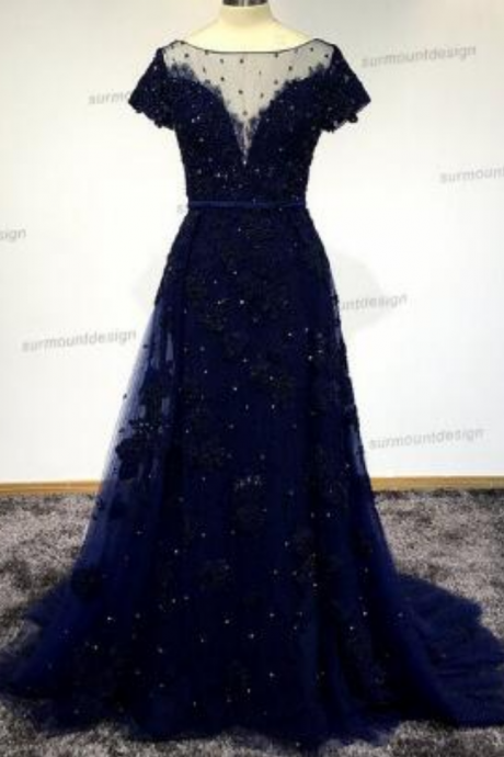 Women Long Dark Navy Evening Dress Sexy Short Sleeves Lace Tulle Appliques Ball Gown Formal Prom Dress